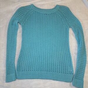 a.n.a Open Knit Sweater S Turquoise Blue Crochet Crewneck Boho Coastal Beach Top